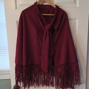 Burgundy Wool Shawl with Fringe
